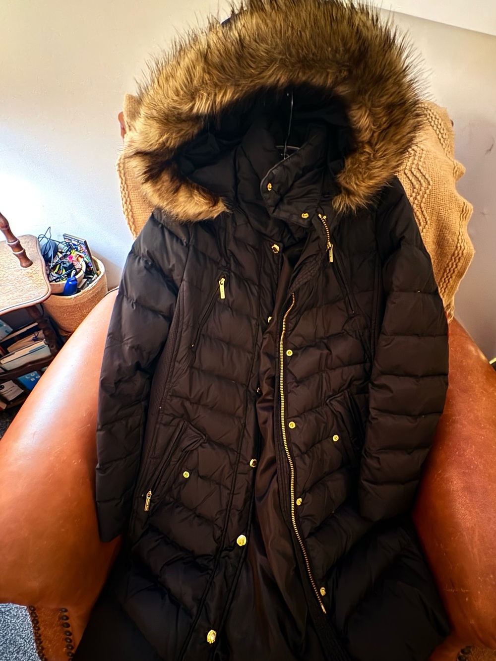 Michael Kors Black Long Puffer Coat with Faux Fur Hood
